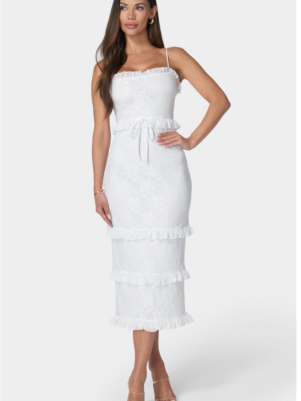 bebe White Lace Ruffle Tiered Midi Dress
